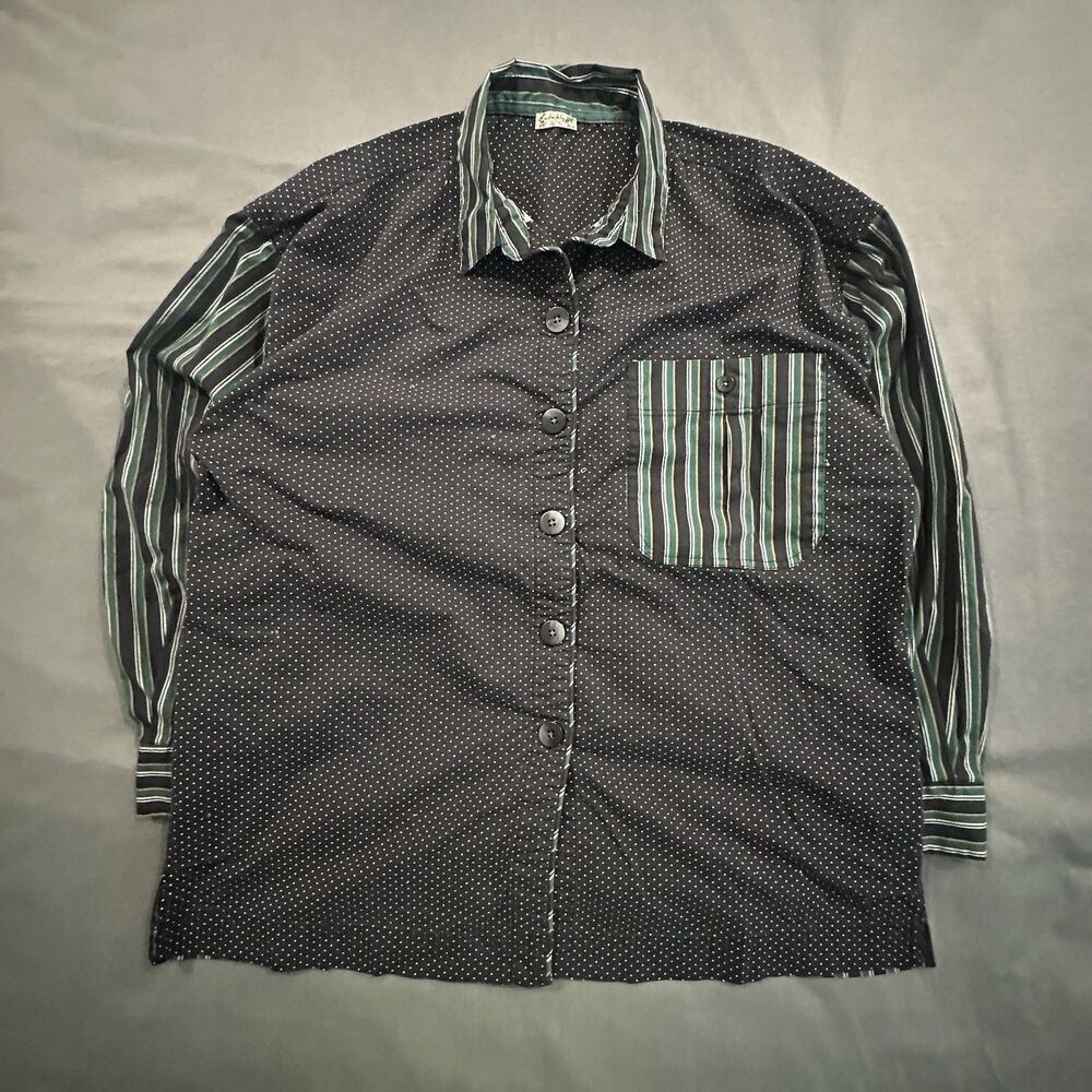 Free People Intimately Shirt Womens S Polka Dot Green Striped Black Button Front